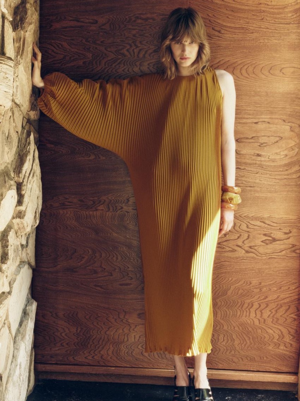 Zara Pleated Asymmetric Midi Dress in mustard yellow size small nwt